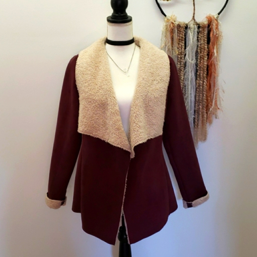 Burgundy Sherpa Lined Draped Front Jacket